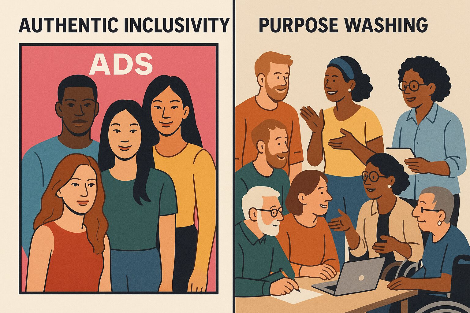 llustrazione concettuale che confronta purpose washing e inclusività autentica: due borse della spesa, una lucida e vuota con falsa diversità, l’altra piena di simboli inclusivi reali. Stile minimal moderno.