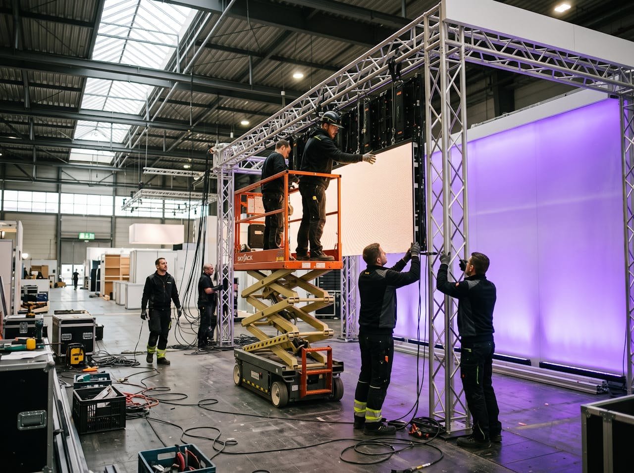 Squadra LP MEDIA durante l'allestimento di uno stand fieristico